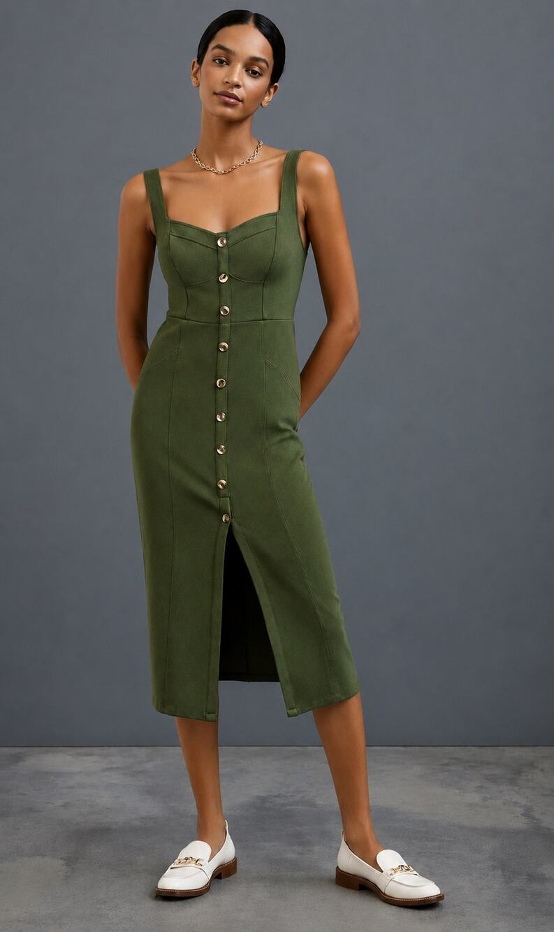 Maeve Olive Green Button-Front Midi Dress